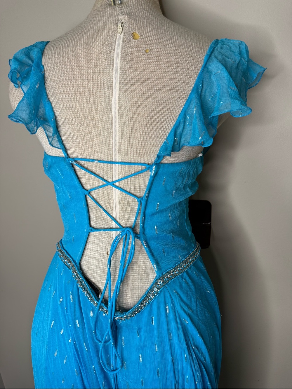 Sherri Hill 52643 Aqua Blue Metallic Chiffon Corset Ruffle Gown Size 12 - Picture 7 of 11